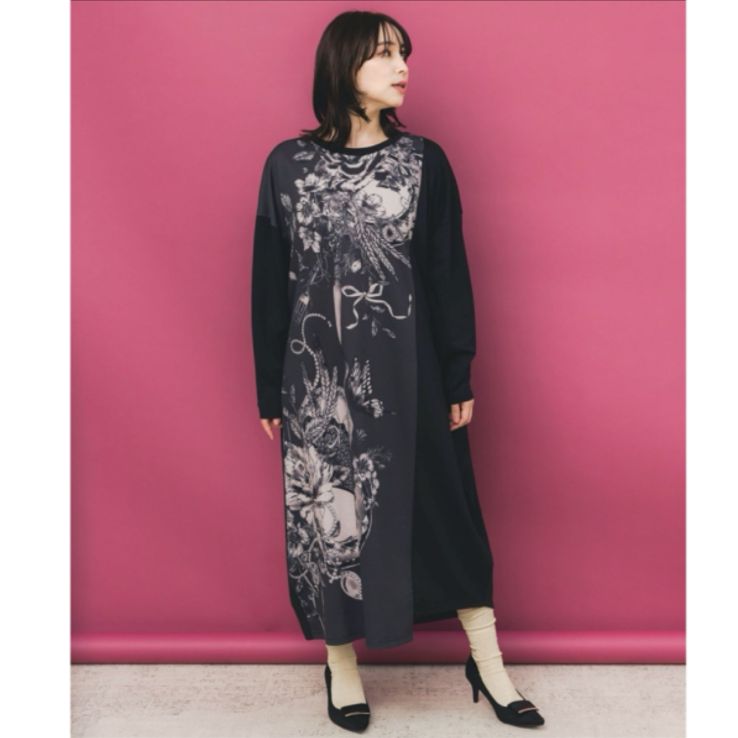 iS ScoLar 花柄×無地バイカラー裏毛ワンピース