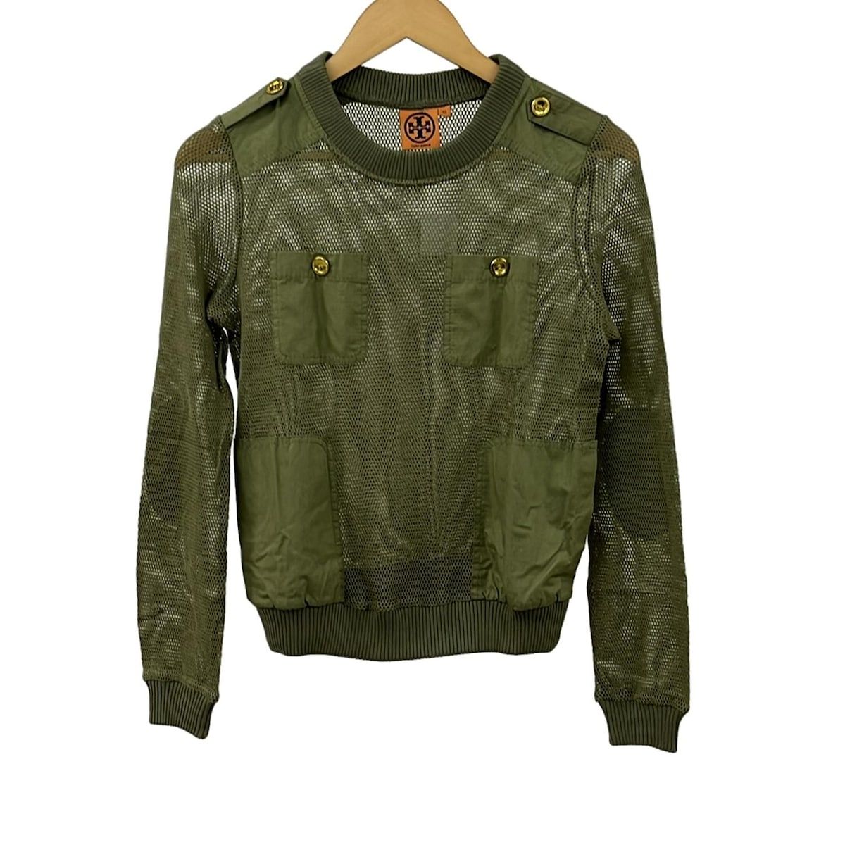 TORY BURCH トリーバーチ 長袖カットソー サイズXS レディース - カーキ クルーネック メッシュ