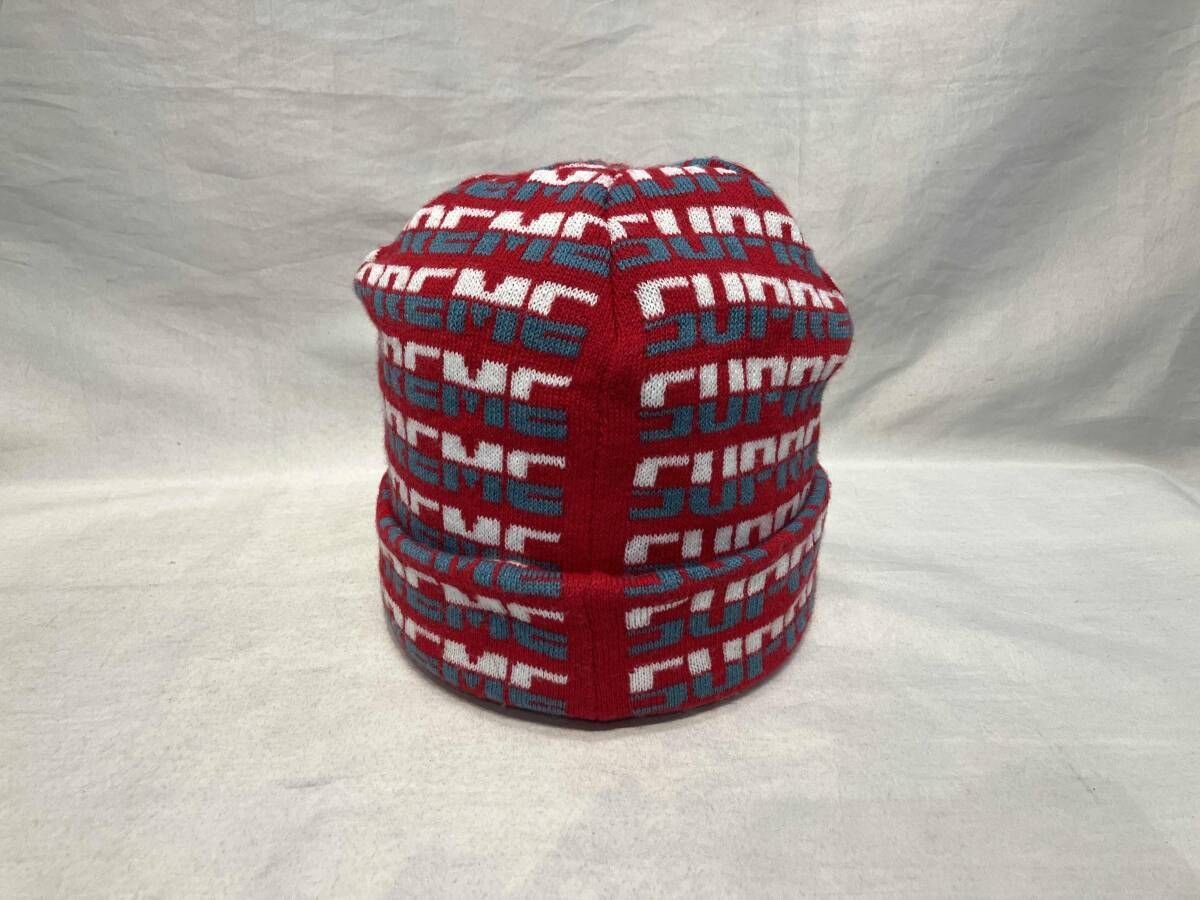 Supreme ニット帽 ツートンロゴ 総柄 レッド シュプリーム