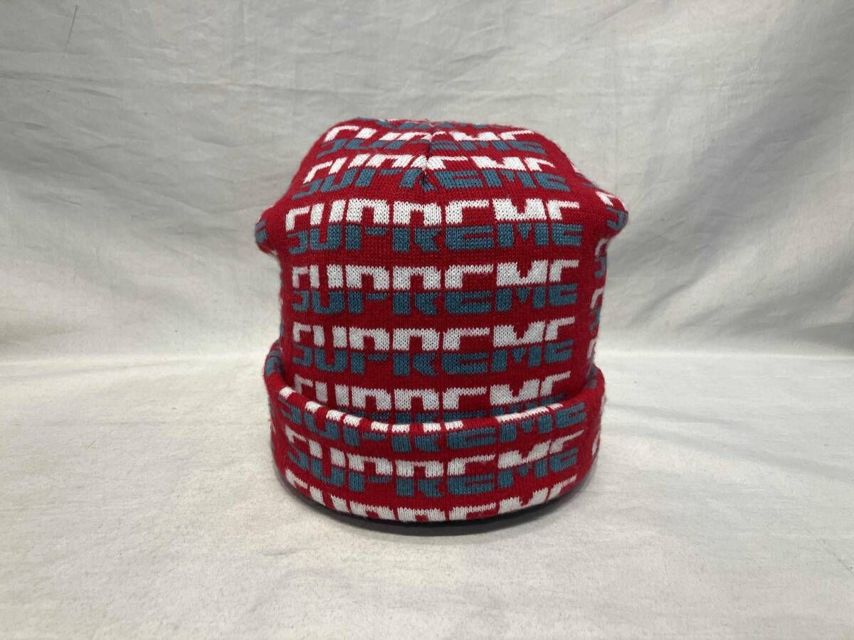 Supreme ニット帽 ツートンロゴ 総柄 レッド シュプリーム