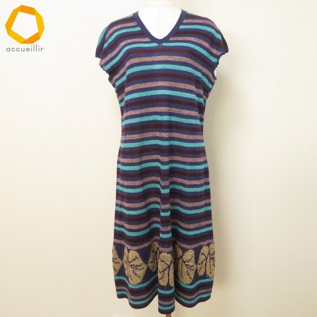 snc サイトウトヨコ 斉藤都世子 ワンピース ニット 青系 マルチ ノースリーブ ボーダー ハイビスカス 花柄 レディース 973008