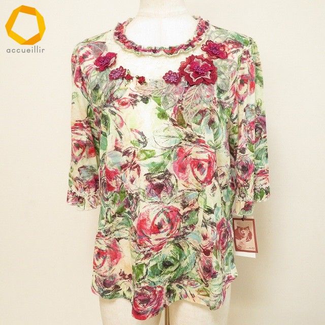 anc ヘッポコセンセイ へっぽこ先生 カットソー アイボリー 赤 緑 メッシュ 花モチーフ 花柄 レディース 973900