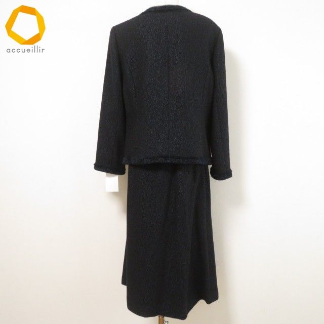 wnc レリアン Leilian スカートスーツ セットアップ 13 黒 青 ツイード ノーカラー ドット ロング 大きいサイズ レディース 977041