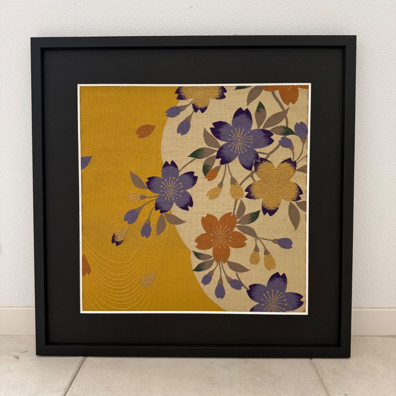 京都帯屋さん フレーム入りシルク日本織物アート KENZO桜流れ 黄