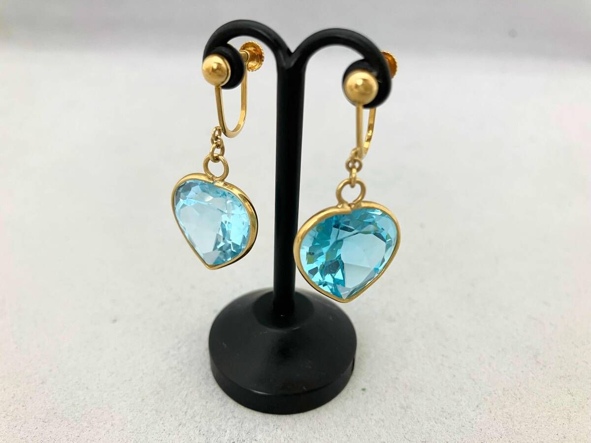 鑑別カード付き K 18 イヤリング 6.6 g 天然ブルートパーズ ハートストーン