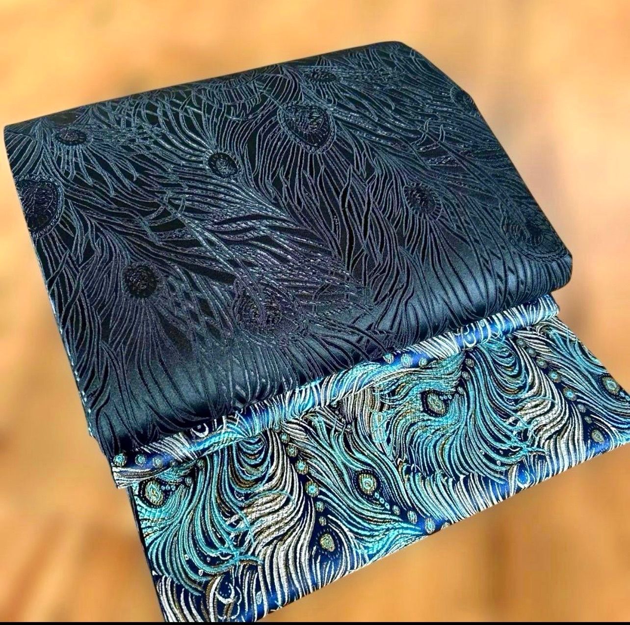 仕立て品 全通柄 孔雀羽ジャガード織リバーシブル袋帯 D