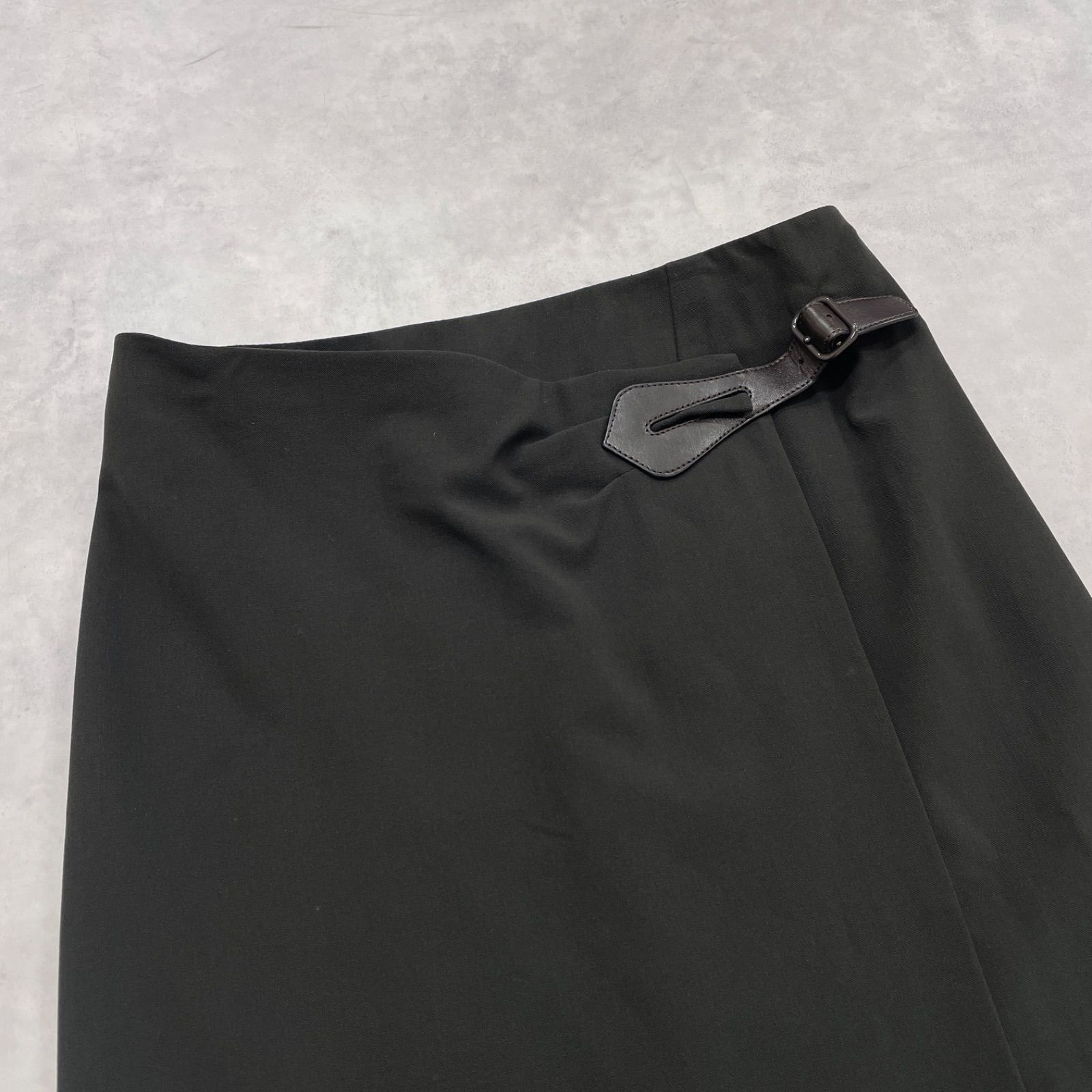 希少✨【エルメス】レザーベルト ラップスカート 巻きスカート ブラック ロゴ刻印 HERMES エルメス ラップスカート ベルト ストラップ 巻き ウール