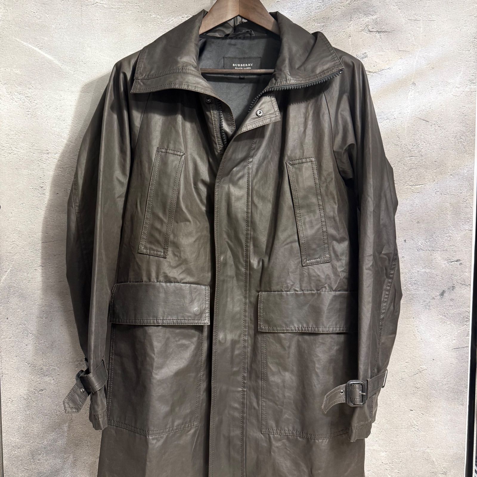 上品ロング BLACK LABEL バーバリーブラックレーベル ロングコート Lサイズ フード付 レザージャケット風 アウター メンズ 着丈84 ダークブラウン系