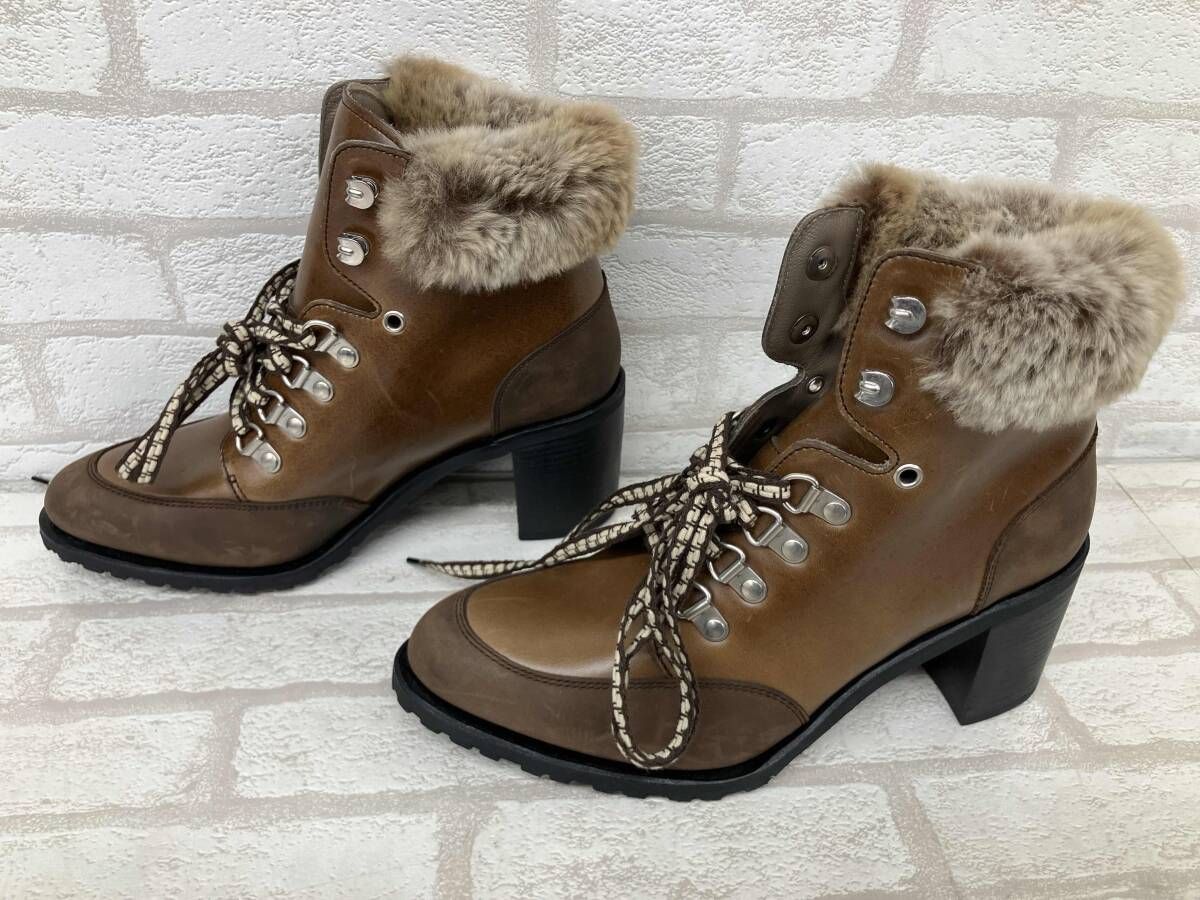 ARASKA LIS NATURE パラブーツ ショートブーツ ブラウン レザー ファー ヒール レディース 6 1 2