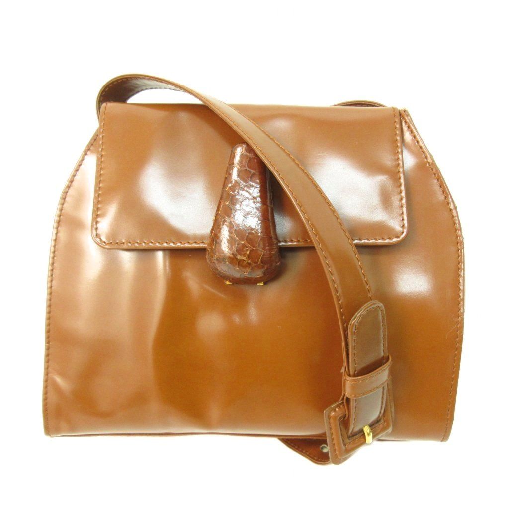 プラダ PRADA パンテントレザー ショルダーバッグ ロゴ エナメル 皮革 茶系 ブラウン系