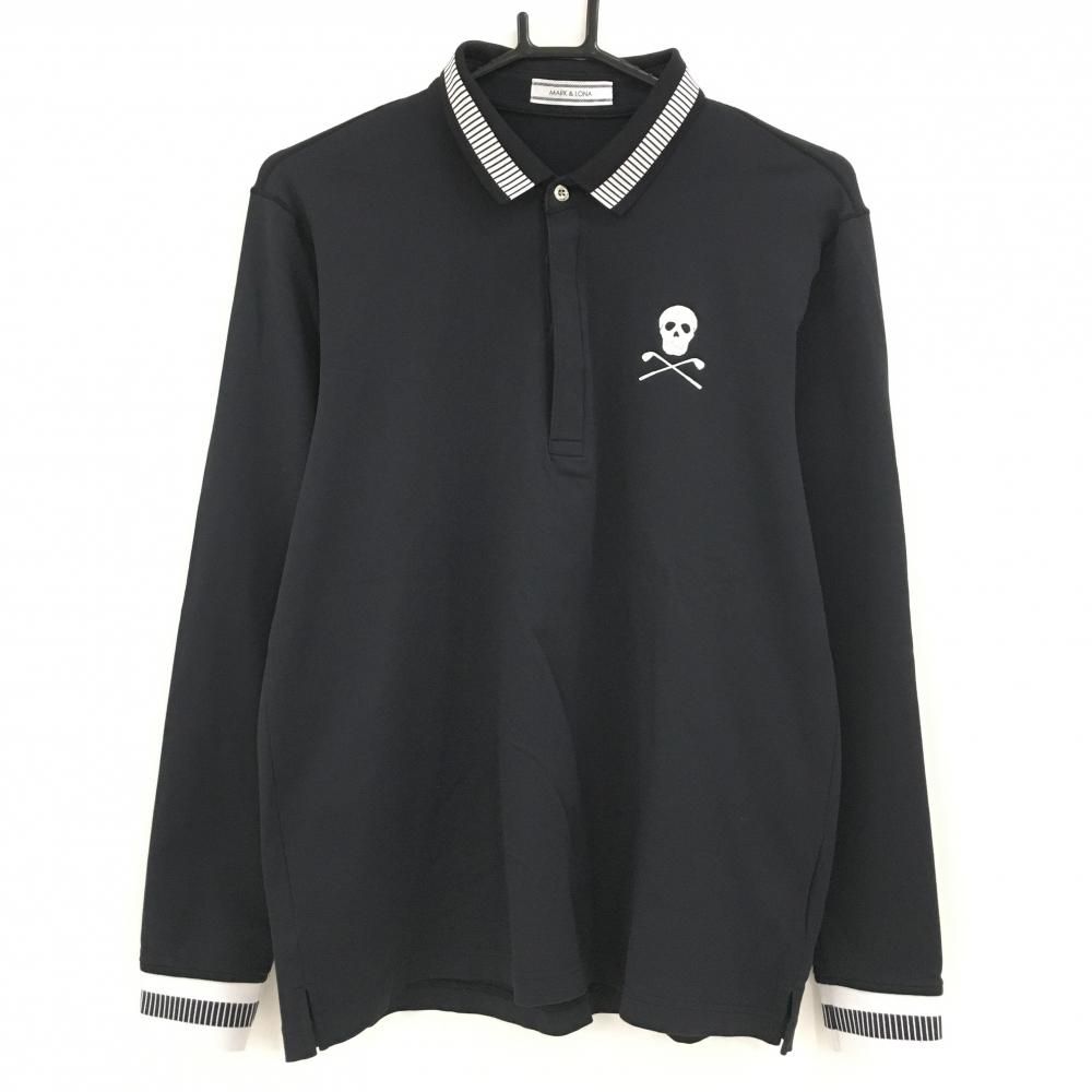 超 マークアンドロナ 長袖ポロシャツ 黒×白 スカル 襟ロゴ メンズ 48 L ゴルフウェア MARK＆LONA