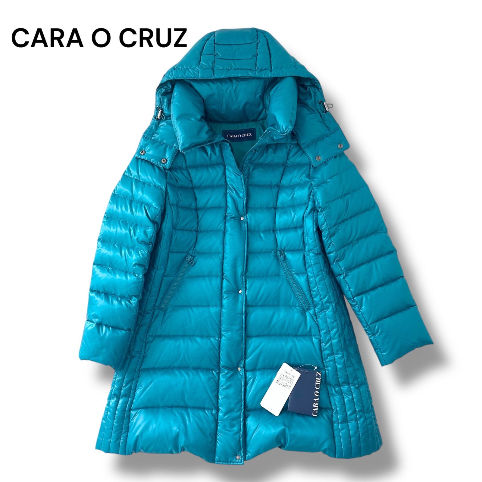 未使用 キャラ・オ・クルス CARA O CRUZ フード付き ロング ダウンコート ブルー 9号 M スタンドカラー 2WAY レディース アウター 高級