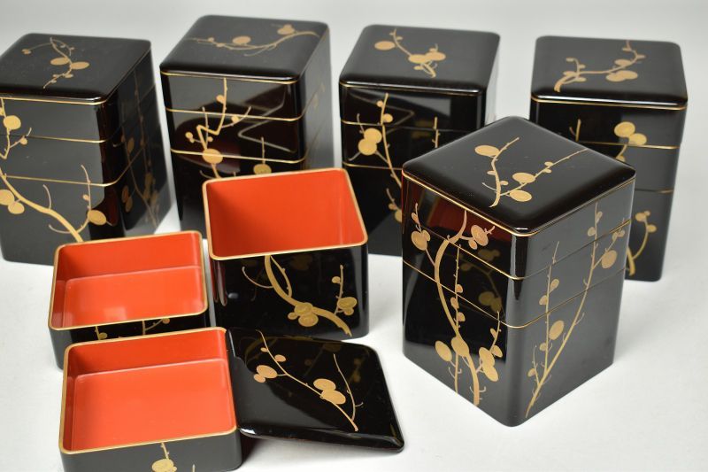 蔵A 5755 木製蒔絵 弁当箱 三段重 六客