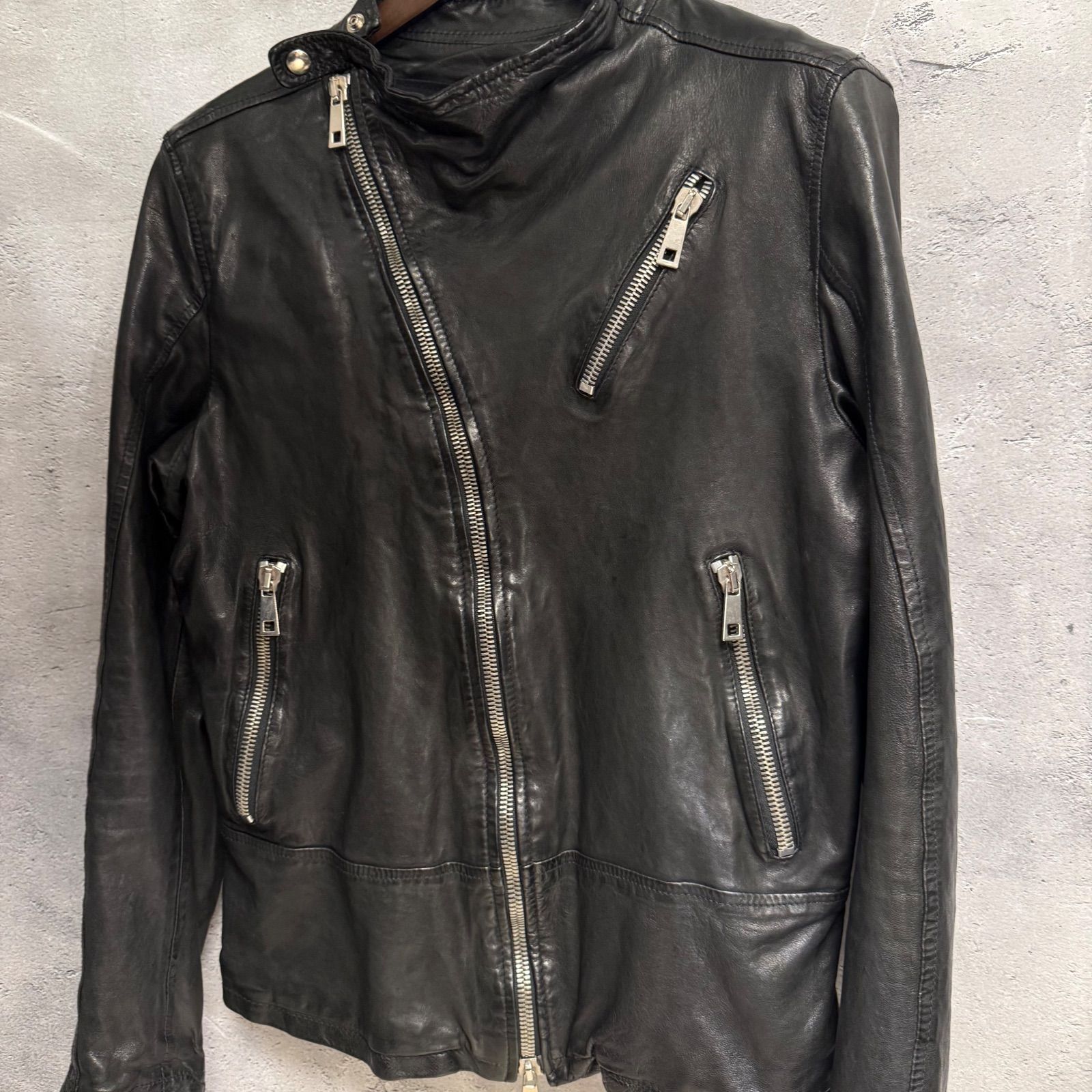 イタリア製 上レザー MUSHER マーシャー セミダブル ライダースジャケット メンズ L相当 46 ブラック 本革 アウター 表情あるレザー 着丈61