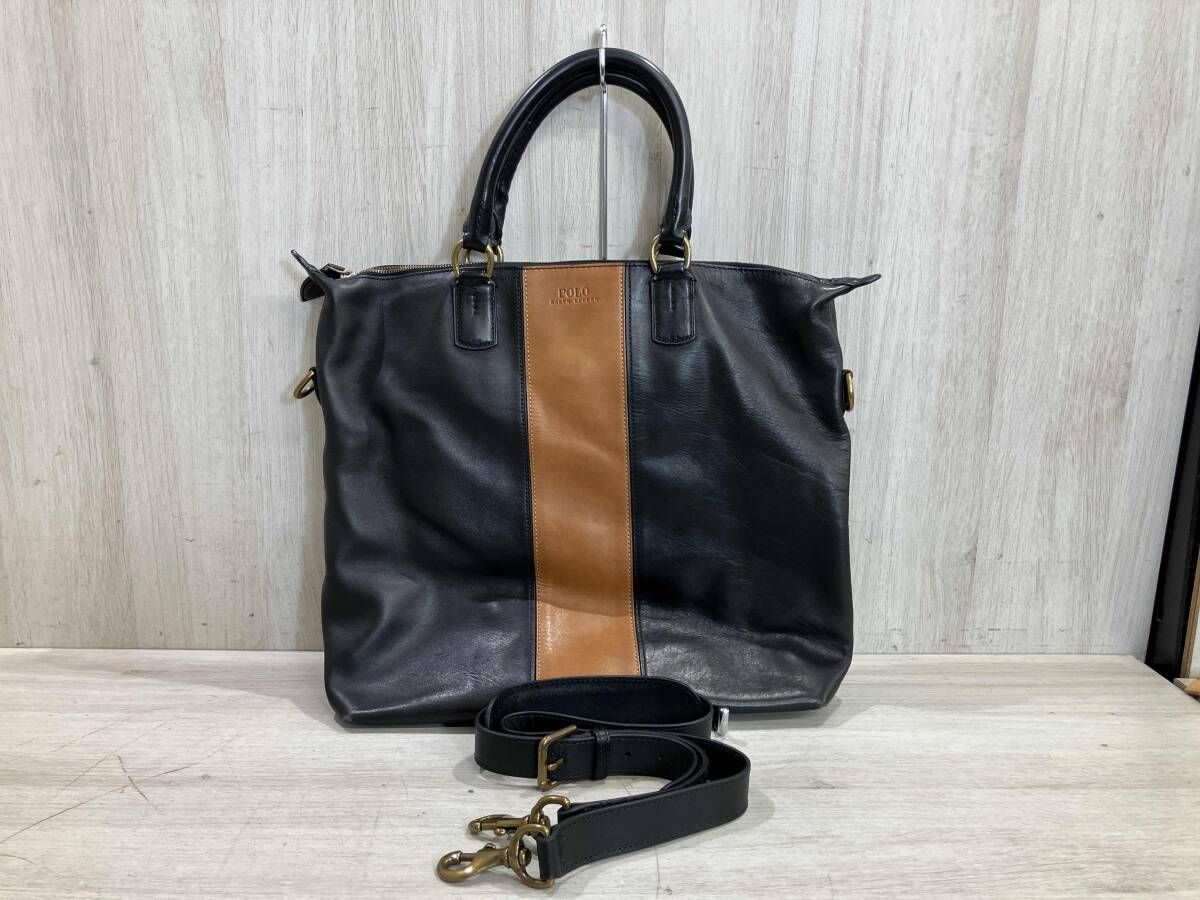 通年 POLO RALPH LAUREN ポロ ラルフ ローレン 2 way レザーバッグ トートバッグ ショルダーバッグ ブラック×ブラウン ビジネスバッグ