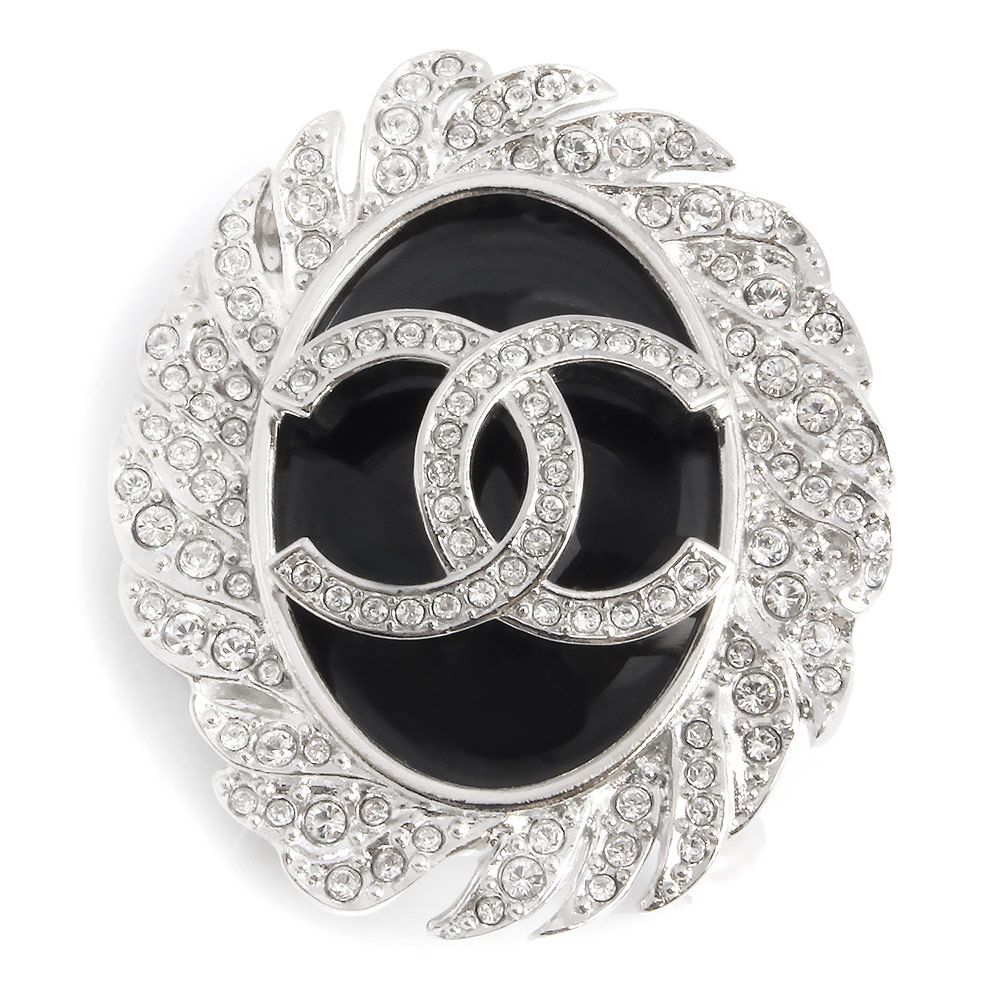 シャネル ココマーク オーバル ラインストーン ブローチ レジン ブラック シルバー ABF 800 CHANEL
