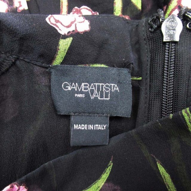 ジャンバティスタヴァリ iSTA VALLi フラワープリント ブラウス シルクシフォン フリルスリーブ 半袖 プルオーバー シャツ カットソー 38 黒 ブラック|△L 19|レディース