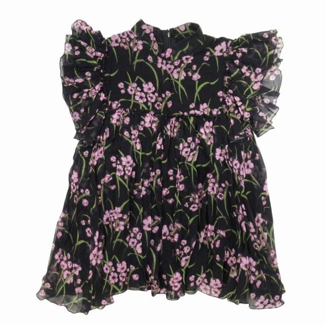 ジャンバティスタヴァリ iSTA VALLi フラワープリント ブラウス シルクシフォン フリルスリーブ 半袖 プルオーバー シャツ カットソー 38 黒 ブラック|△L 19|レディース