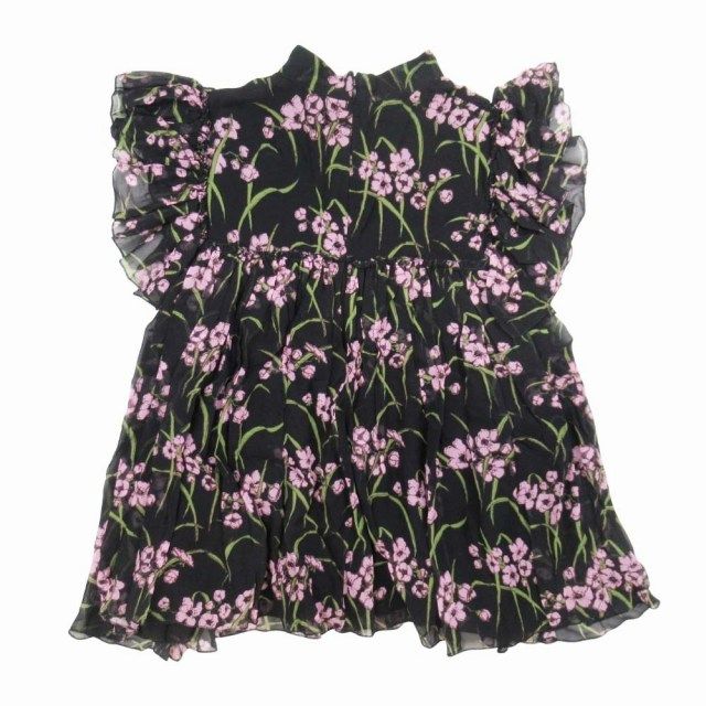 ジャンバティスタヴァリ iSTA VALLi フラワープリント ブラウス シルクシフォン フリルスリーブ 半袖 プルオーバー シャツ カットソー 38 黒 ブラック|△L 19|レディース