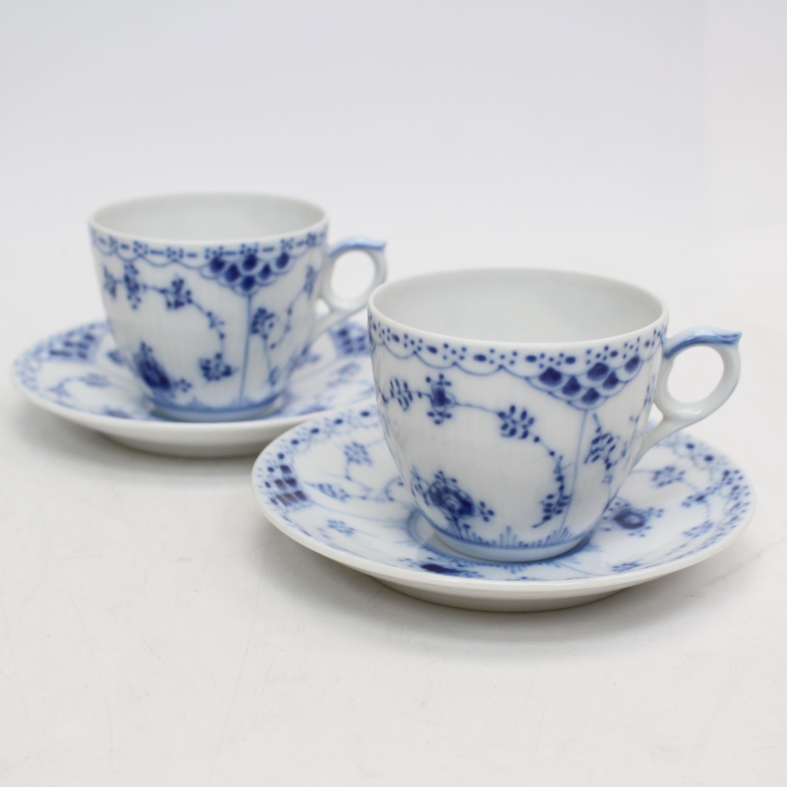 034 |2客セット ロイヤルコペンハーゲン ブルーフルテッド ハーフレース カップ-ソーサー ペア ROYAL COPENHAGEN