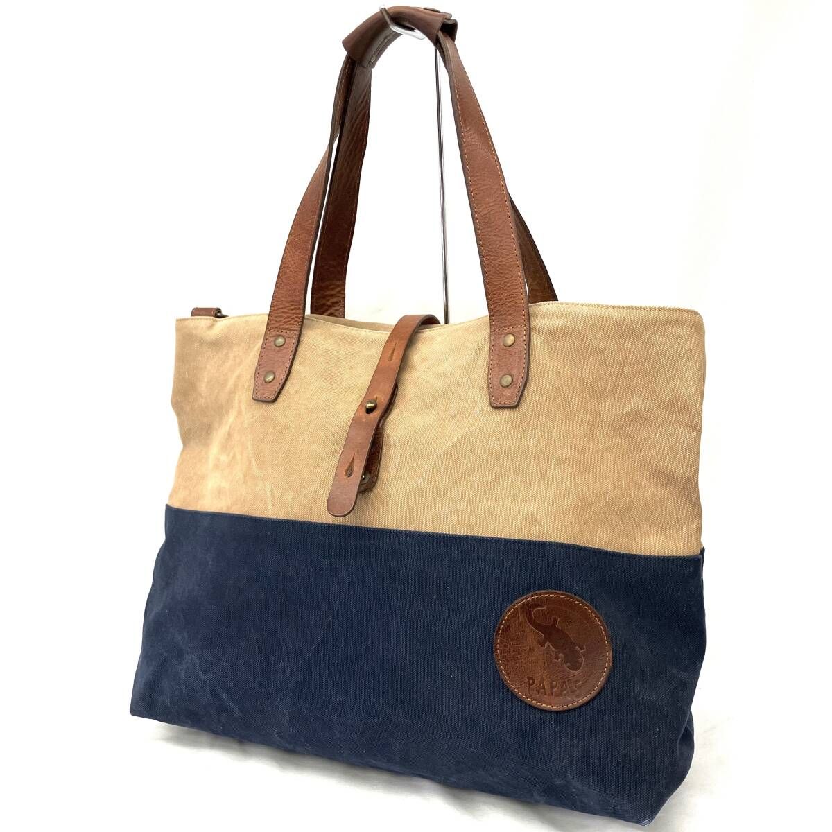 Papas パパス トートバッグ ショルダーバッグ ベージュ ネイビー