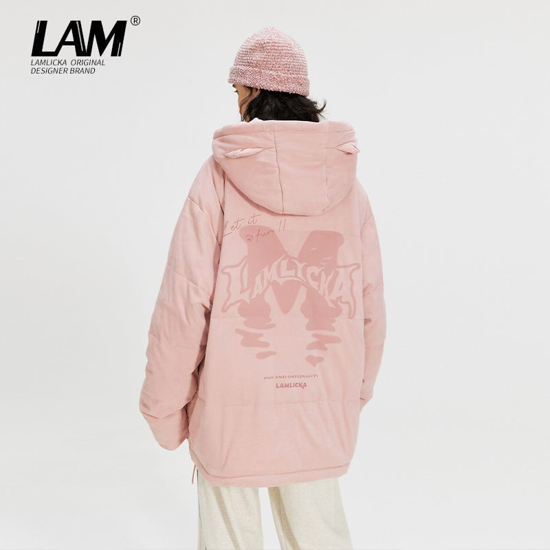 スエード ベア プリント レトロピンク ふんわりパーカー - 冬用 厚手 オーバーサイズ