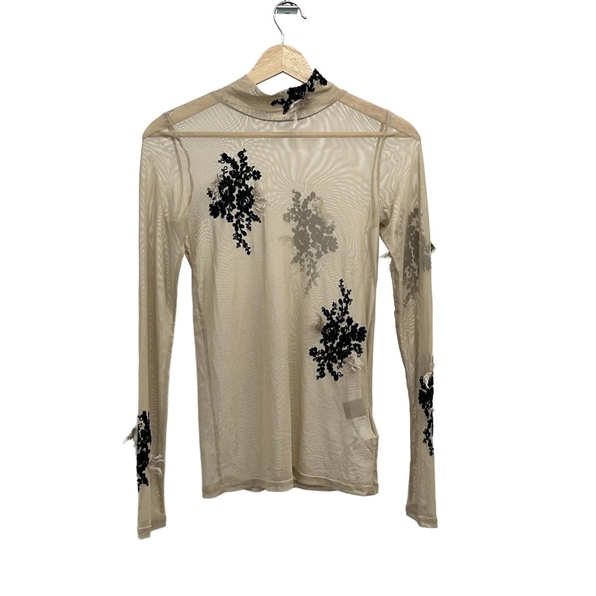 AMERI アメリ 長袖カットソー サイズF レディース ベージュ 黒 ハイネック シースルー