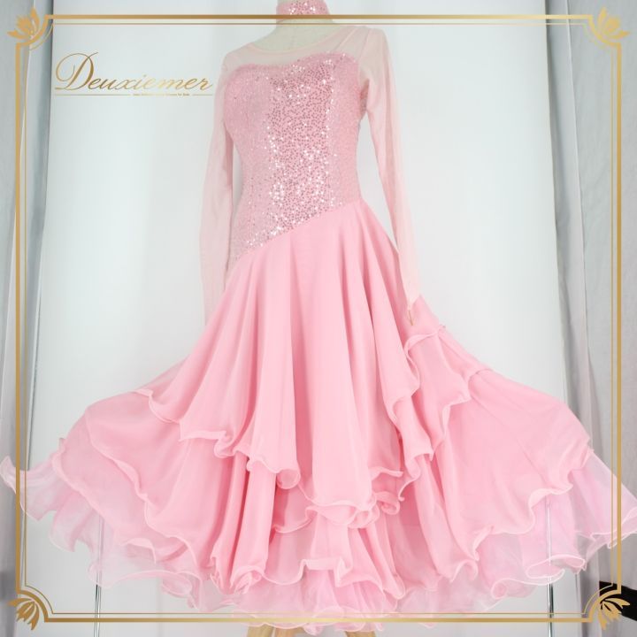 社交ダンス 衣装 ドレス ワンピース パーティ衣装 女性用 オールシーズン ピンク系 Create Sun クリエイトサン 派手 光沢感 上品 おしゃれ ダンス 発表会 決めポーズ フ スカート 着心地 軽量 ストレッチ 薄手