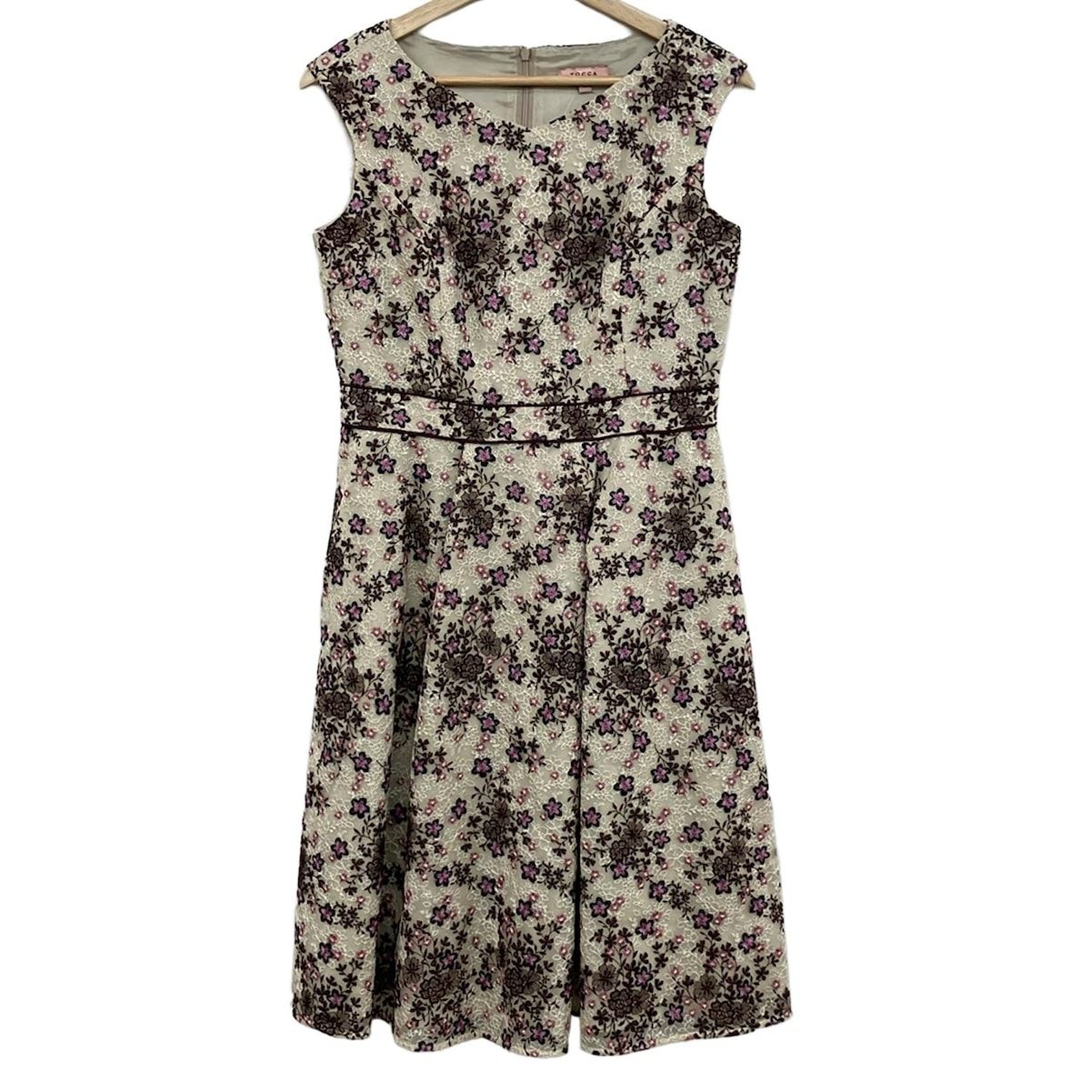 TOCCA トッカ ワンピース サイズ2 S レディース ベージュ ダークブラウン マルチ クルーネック 半袖 ひざ丈 刺繍 フラワー 花