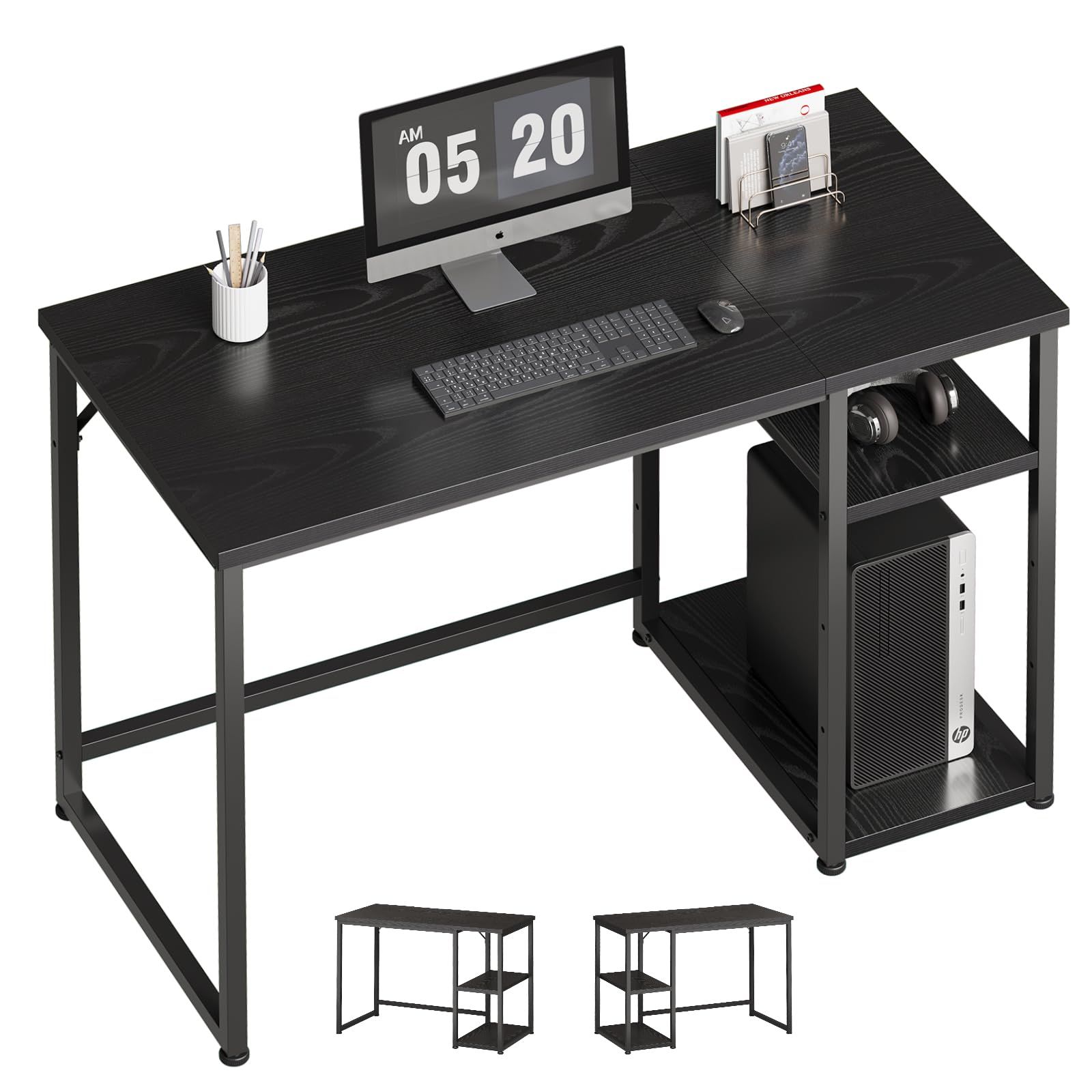 Maihail 机 pcデスク オフィスデスク パソコンデスク 勉強机 ゲーミングデスク ワークデスク 学習机 幅100 奥行48 高さ74 cm スチールウッド簡易棚付き ブラック