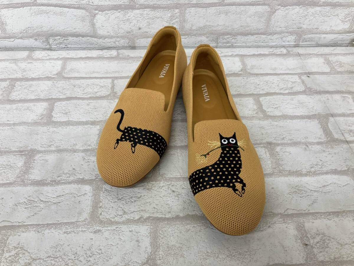 VIVAIA ビバイア レディース サイズ38 マスタード イエロー パンプス フラットシューズ ニット 黒猫 刺繍