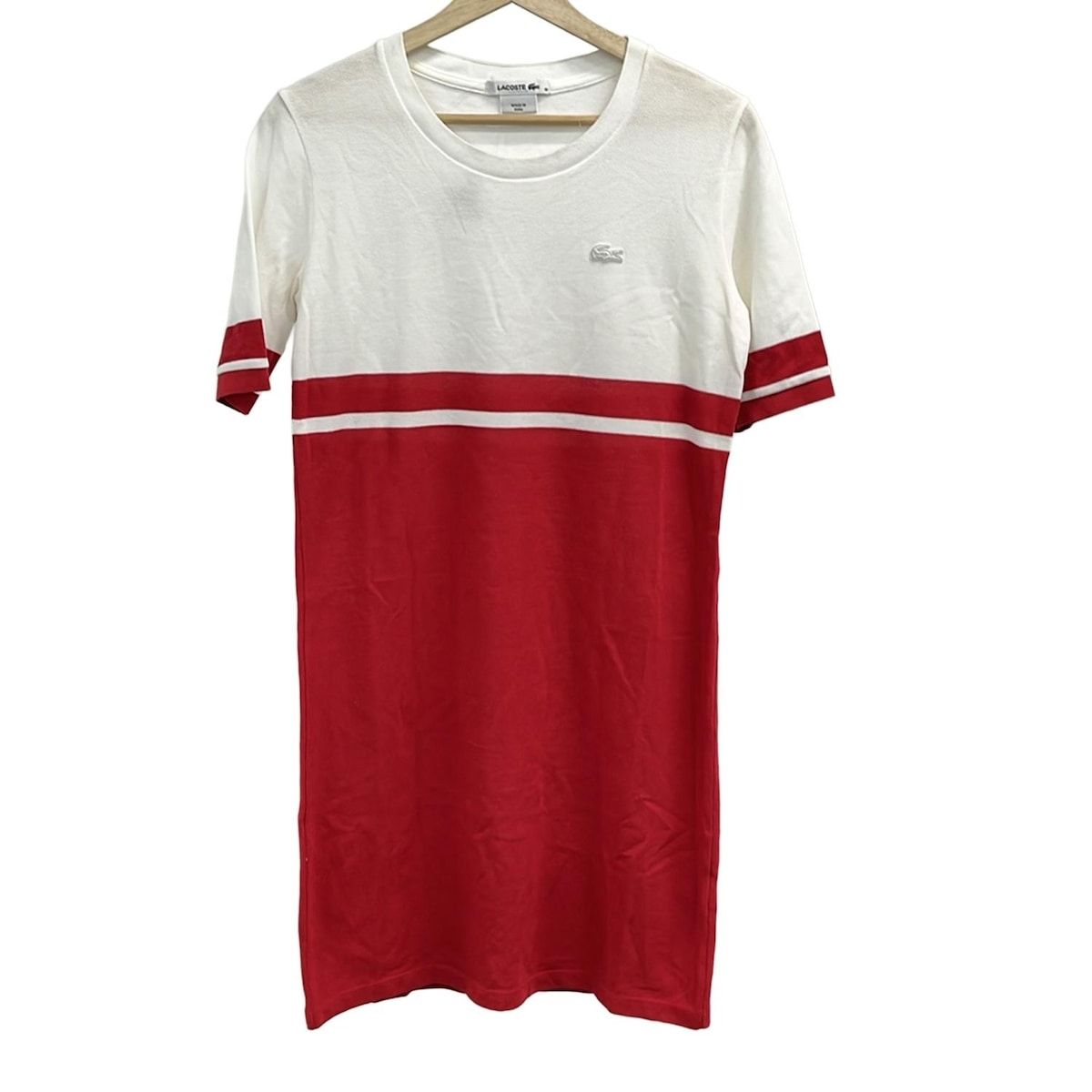 Lacoste ラコステ ワンピース サイズ38 M レディース - レッド×白 クルーネック|半袖|ひざ丈