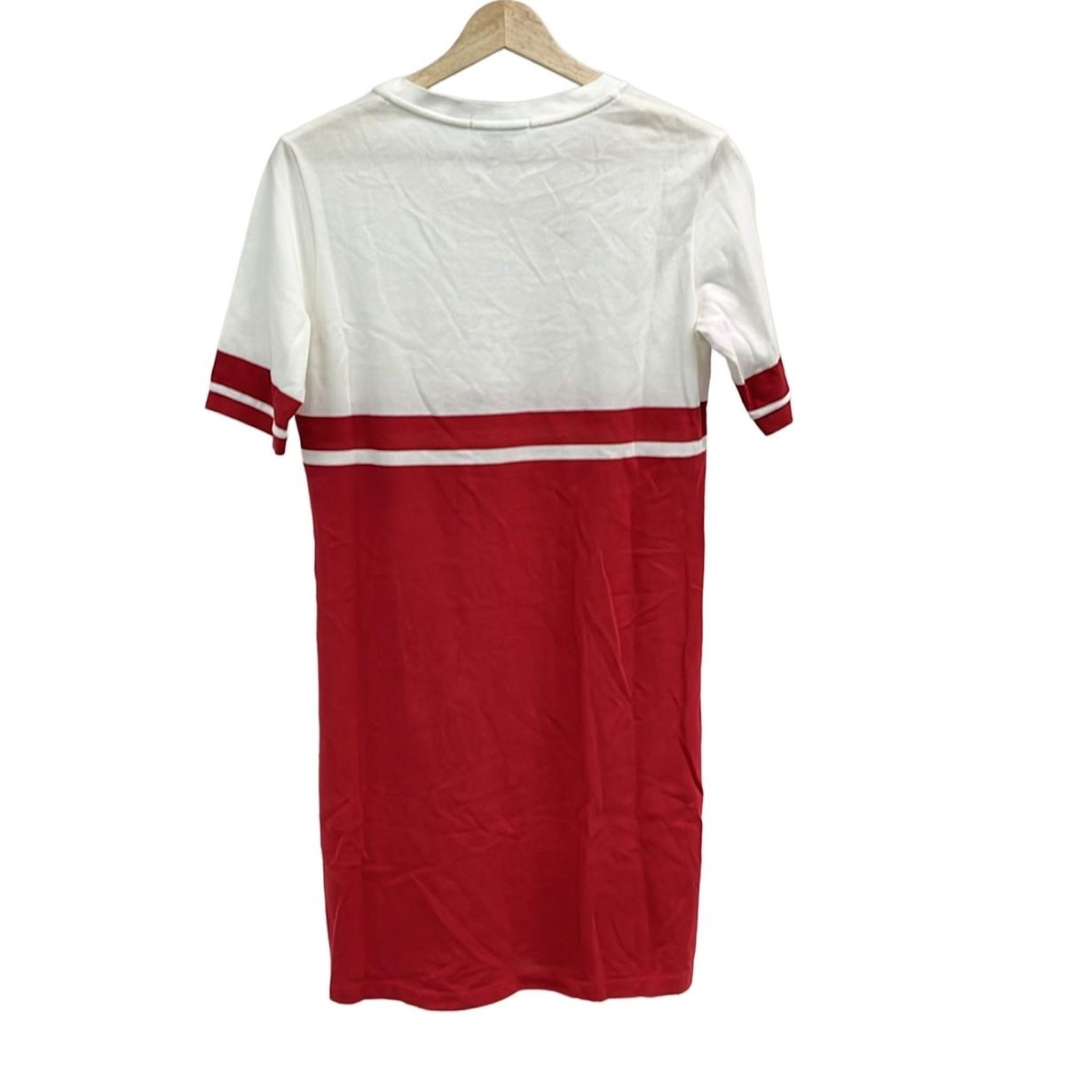 Lacoste ラコステ ワンピース サイズ38 M レディース レッド 白 クルーネック 半袖 ひざ丈