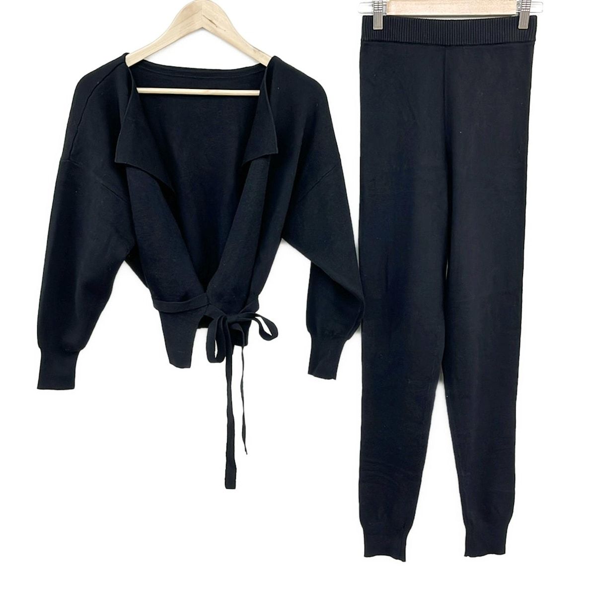 ナゴンスタンス レディースパンツセットアップ レディース 黒 ニット アームウォーマー ラップスカート付き ウエストゴム