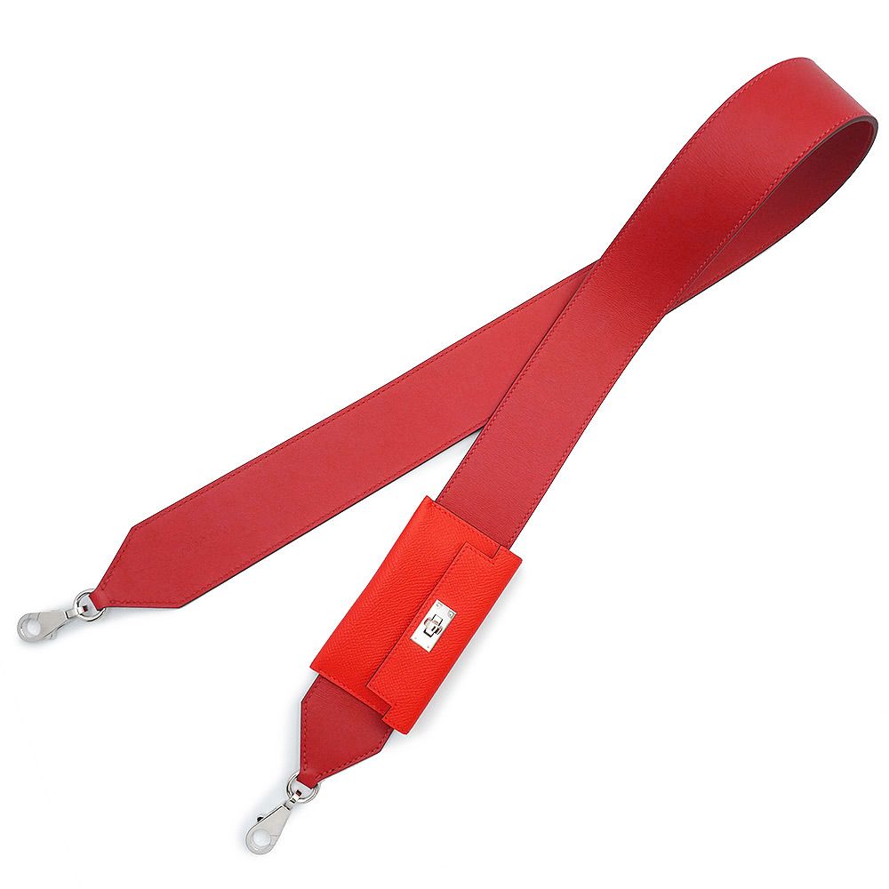 エルメス バンドリエール ケリーポケット ショルダーストラップ 105 CM ヴォースイフト ヴォーエプソン レザー ルージュドクール ルージュピマン レッド シルバー金具 Y刻印 HERMES ♥品