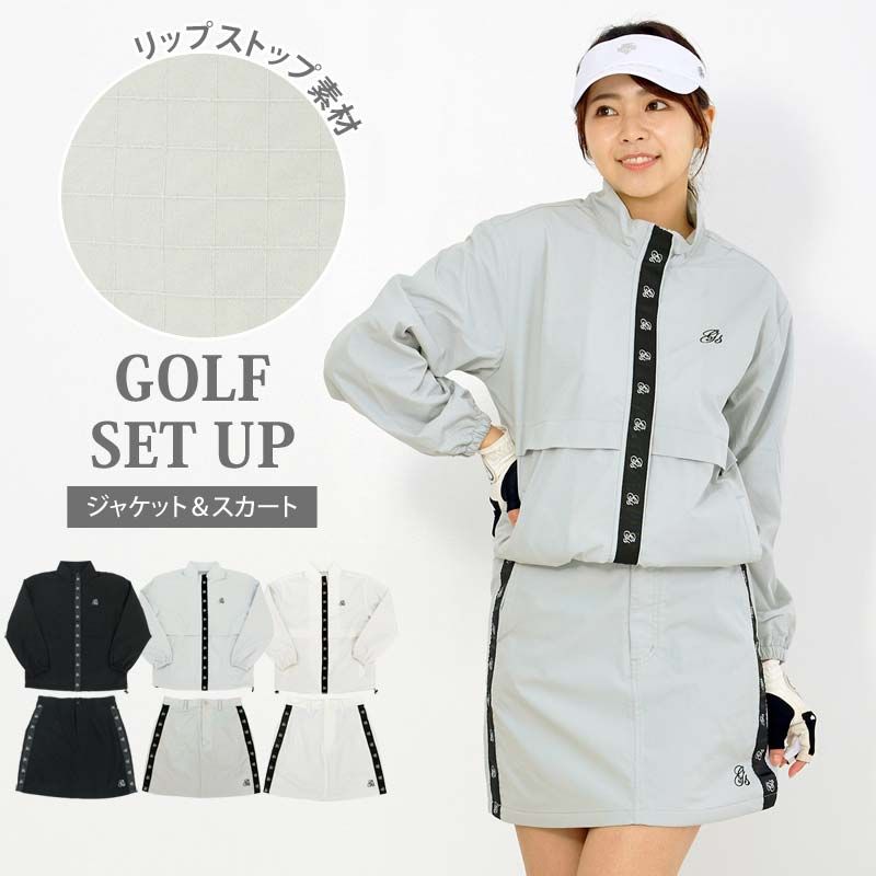 ゴルフウェア レディース 上下セットアップ gs GOLF ジップアップジャケット スカート ロゴライン切替 リップストップ素材 おしゃれ かわいい 韓国系 秋冬 ブランド 3 ホワイト