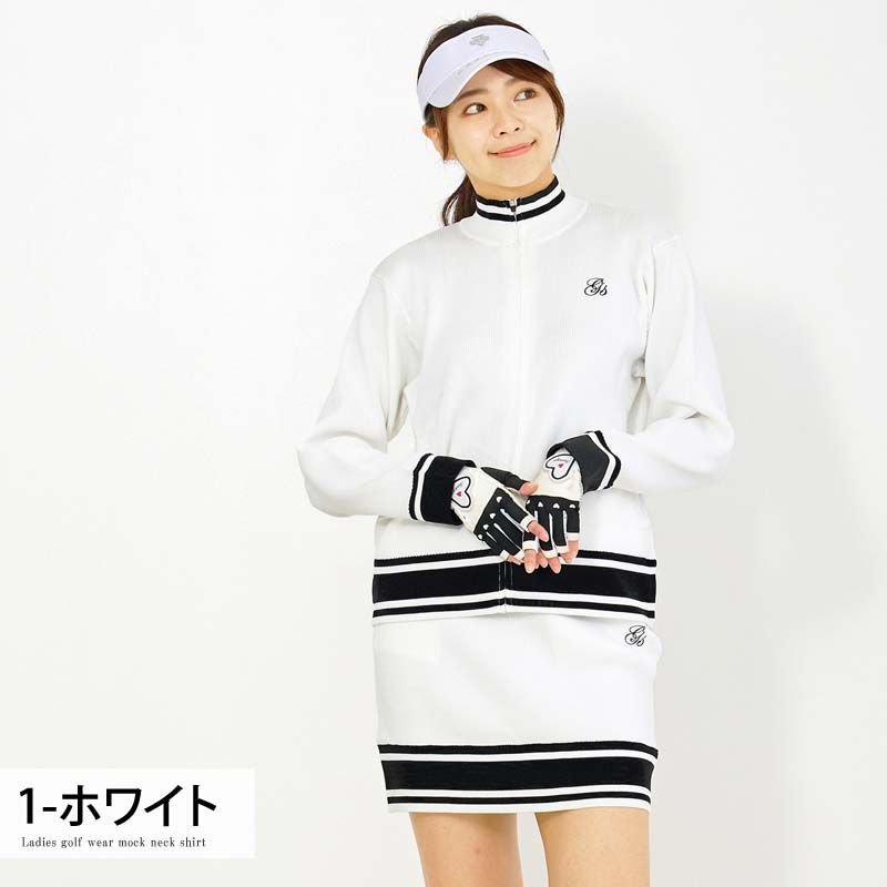 ゴルフウェア レディース 上下セットアップ gs GOLF ジップアップジャケット スカート ライン切替 ニット素材 おしゃれ かわいい 韓国系 秋冬 ブランド 1 ホワイト