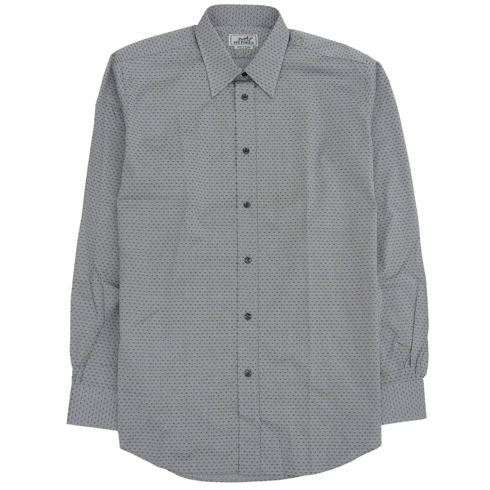 HERMES エルメス Hロゴ総柄 刺繍 シャツ トップス メンズ コットン ライトグレー 40