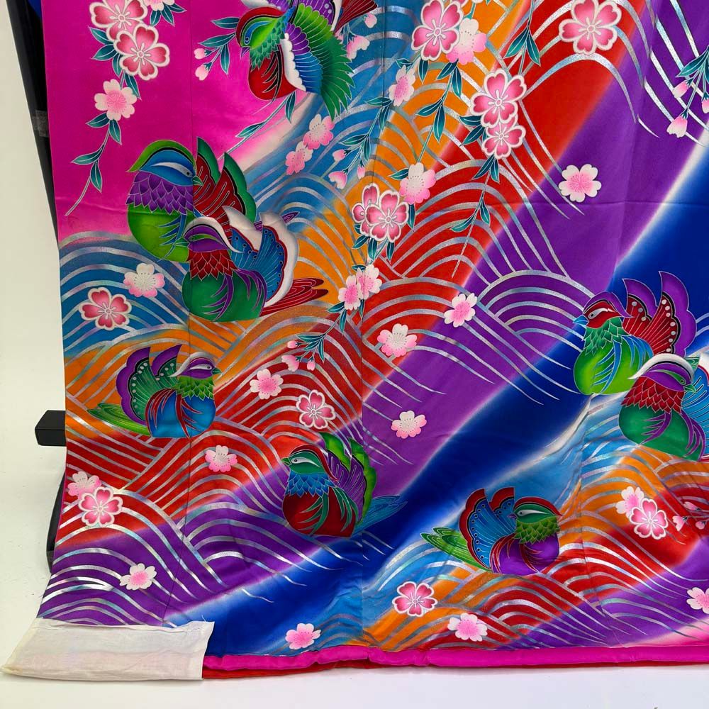 本振袖 引き振袖 正絹 青色 花柄 古典 刺繍 結婚式 裄67 cm 身丈185 Bランク 花嫁衣装 Lサイズ 4931