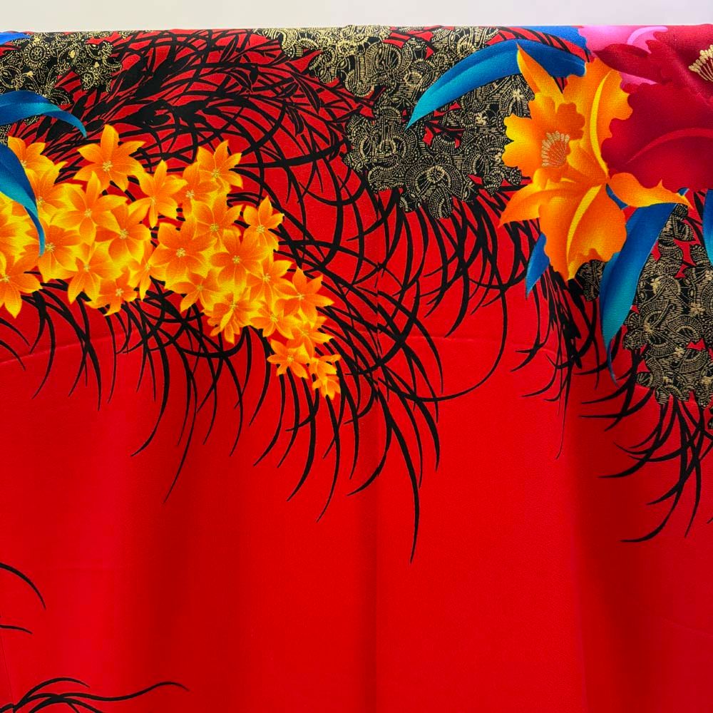 本振袖 引き振袖 正絹 赤色 花柄 古典 刺繍 結婚式 裄67 cm 身丈179 Bランク 花嫁衣装 Lサイズ 4933