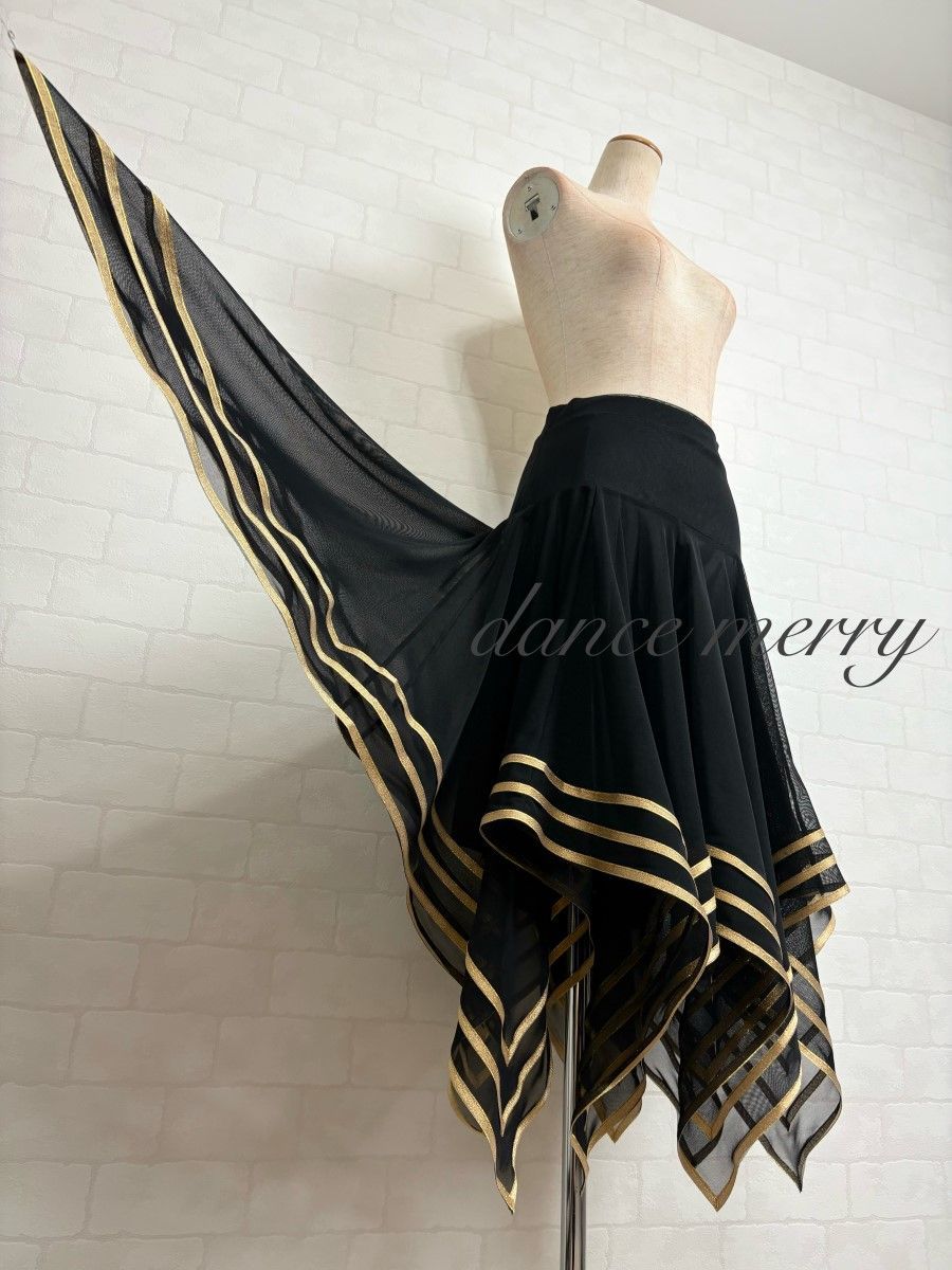 MERRY 社交ダンス 豪華 ラテン スカート 黒 ゴールド パーティ 1211 ジャイブ