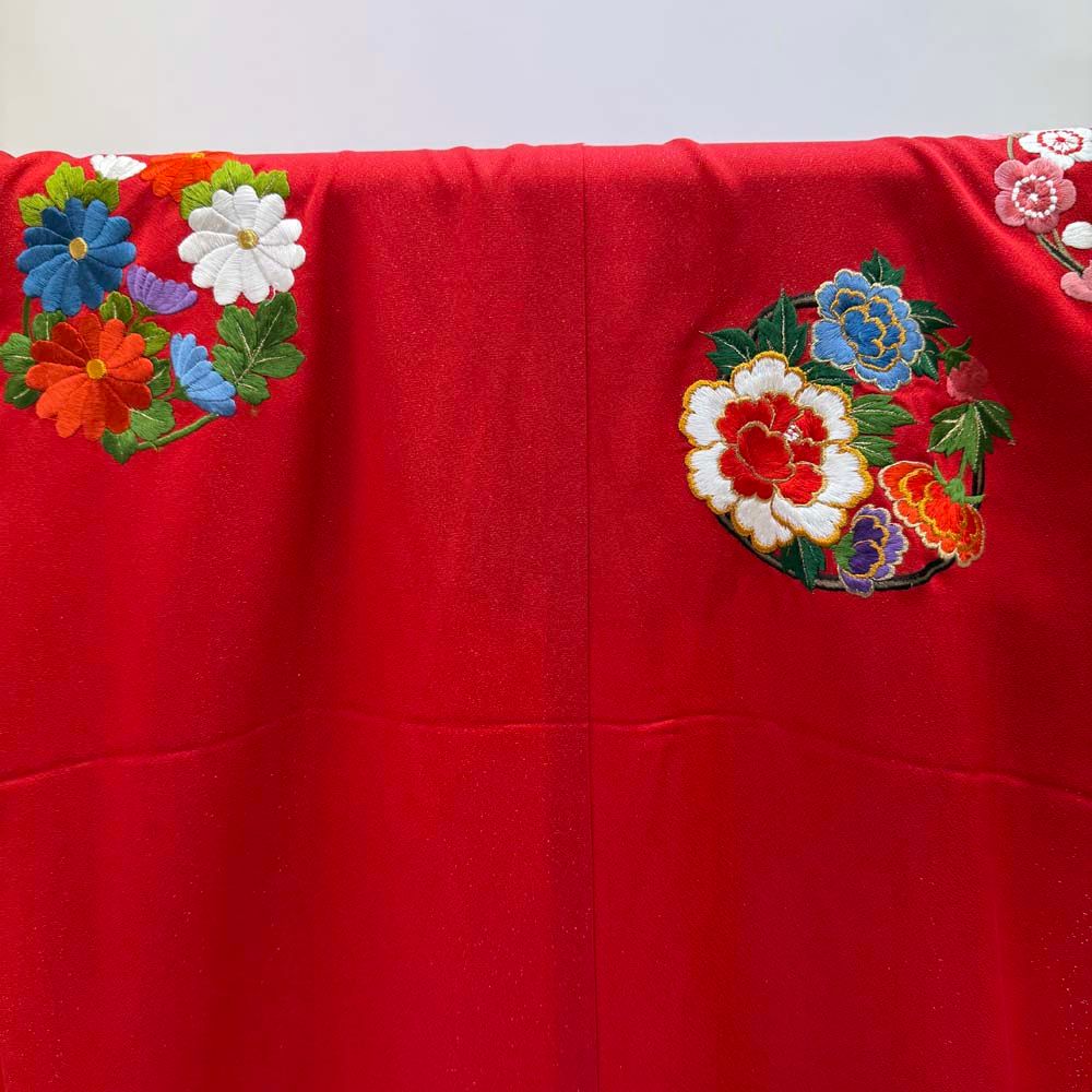 本振袖 引き振袖 正絹 赤色 花柄 古典 刺繍 結婚式 裄67 cm 身丈187 Bランク 花嫁衣装 Lサイズ 4934