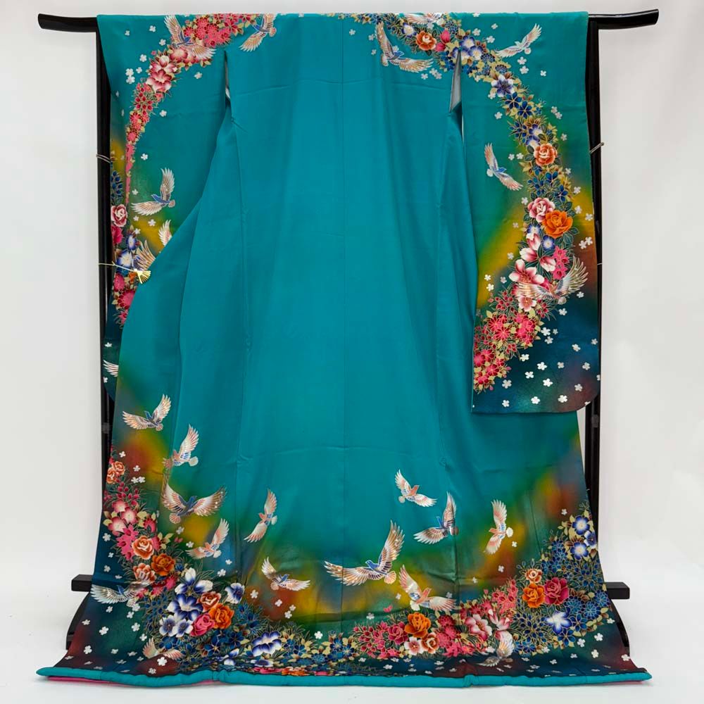 本振袖 引き振袖 正絹 緑色 花柄 古典 刺繍 結婚式 裄66 5 cm 身丈188 Cランク 花嫁衣装 Mサイズ 4935