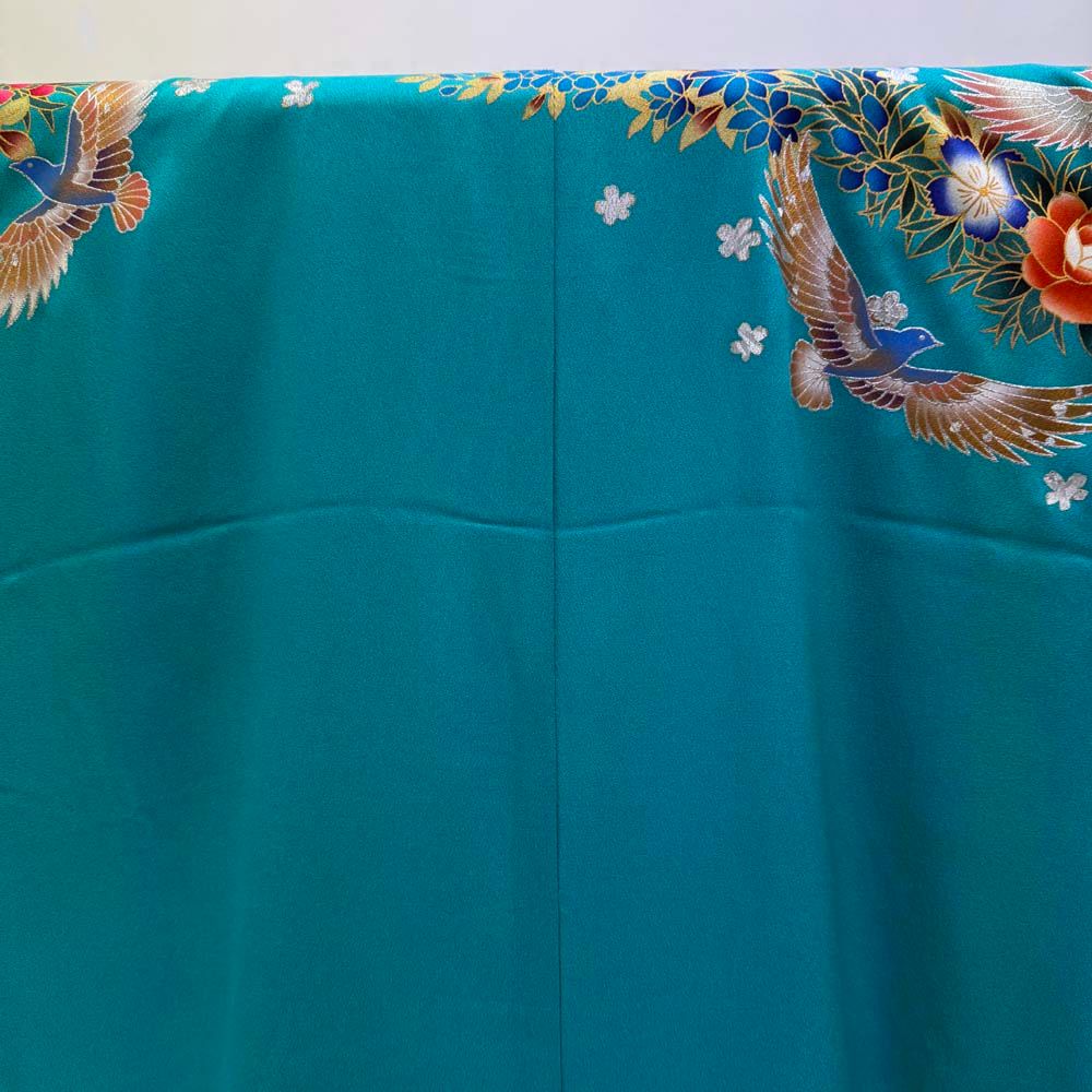 本振袖 引き振袖 正絹 緑色 花柄 古典 刺繍 結婚式 裄66 5 cm 身丈188 Cランク 花嫁衣装 Mサイズ 4935