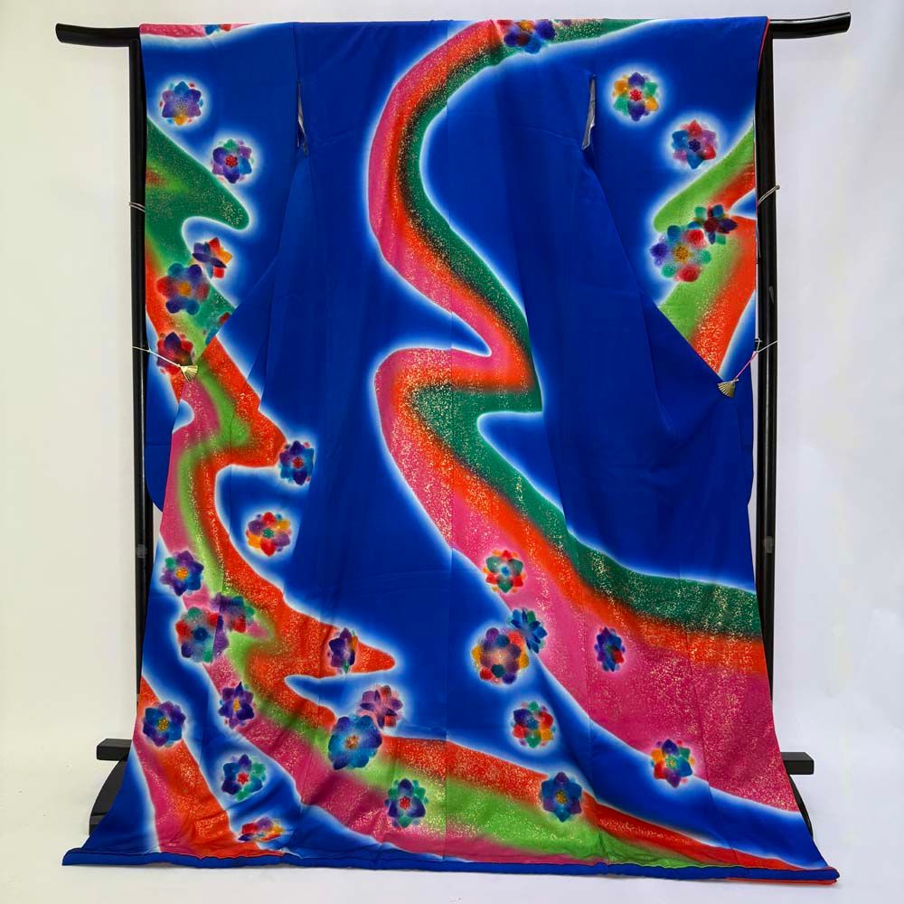 本振袖 引き振袖 正絹 青色 汕頭刺繍 花柄 古典 刺繍 結婚式 裄65 5 cm 身丈187 Bランク 花嫁衣装 Mサイズ 4936