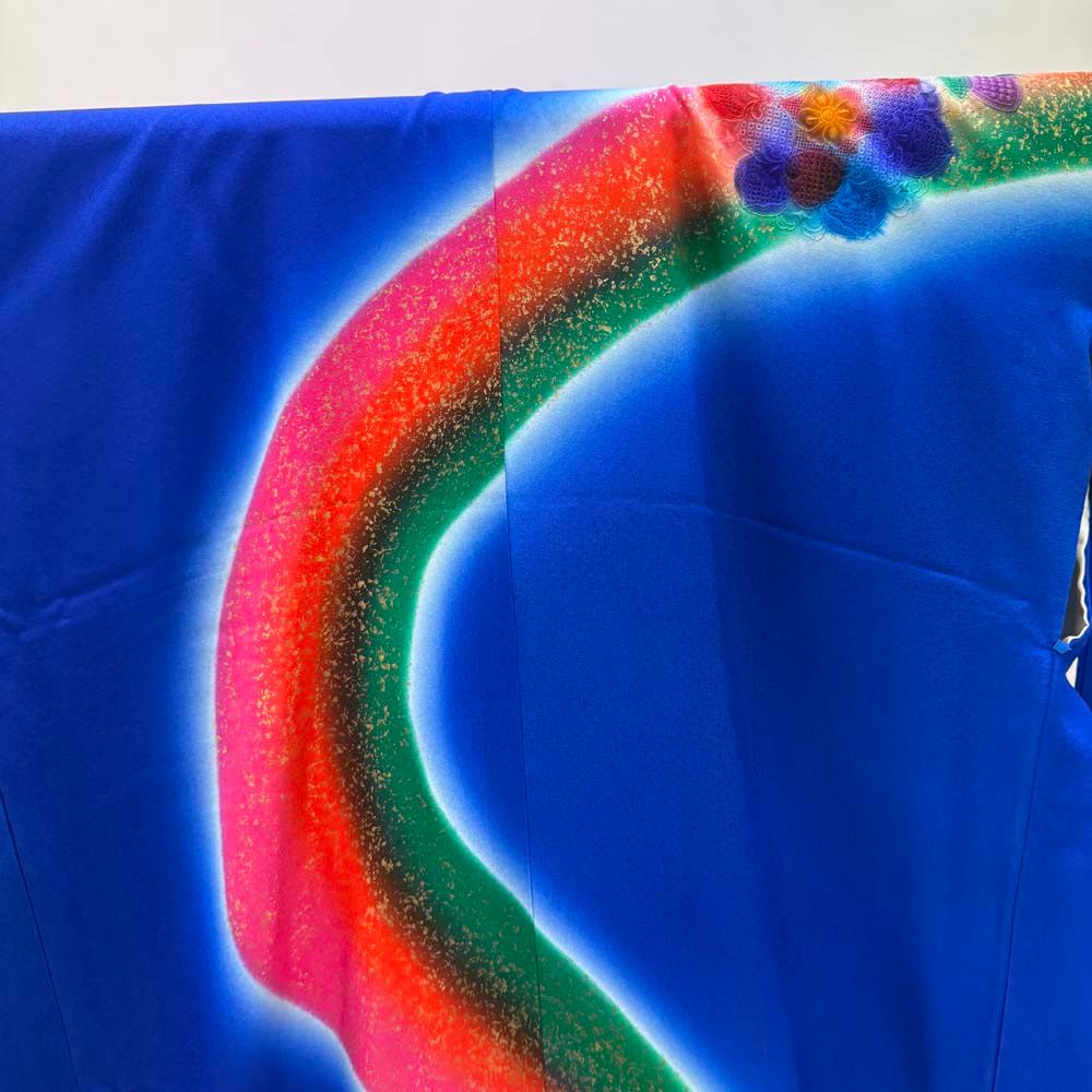 本振袖 引き振袖 正絹 青色 汕頭刺繍 花柄 古典 刺繍 結婚式 裄65 5 cm 身丈187 Bランク 花嫁衣装 Mサイズ 4936