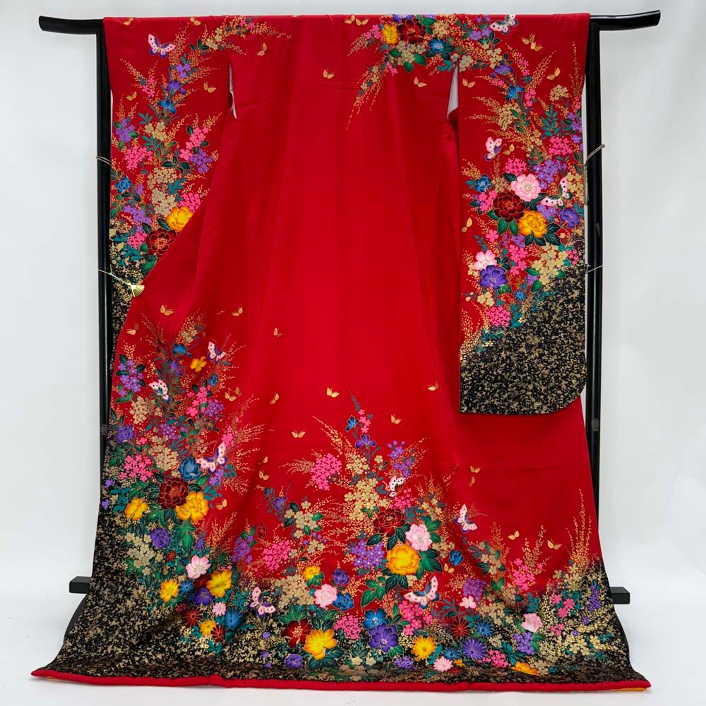 本振袖 引き振袖 正絹 赤色 花柄 古典 刺繍 結婚式 裄65 cm 身丈185 Bランク 花嫁衣装 Mサイズ 4937