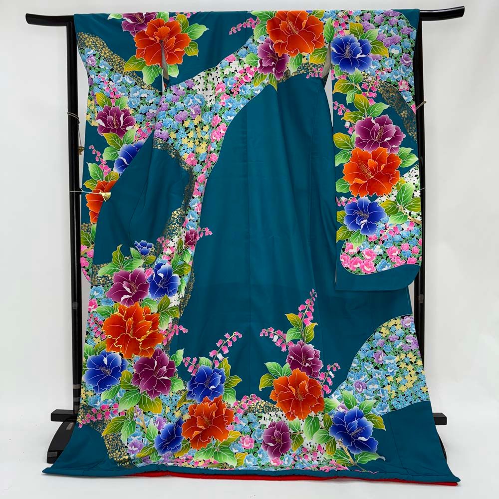 本振袖 引き振袖 ポリエステル 緑 花柄 古典 刺繍 結婚式 裄66 cm 身丈185 Cランク 花嫁衣装 Mサイズ 4940