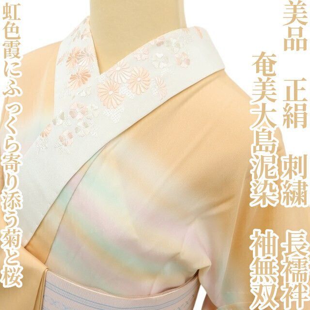 ✾まめ藤✾ 奄美大島泥染 正絹 着物 刺繍 袖無双 虹色霞にふっくら寄り添う菊と桜 長襦袢 D-11