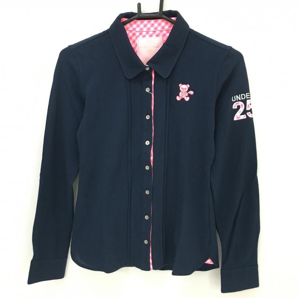 新品】サマンサタバサUNDER25 長袖シャツ ネイビー×ピンク ベア 襟裏